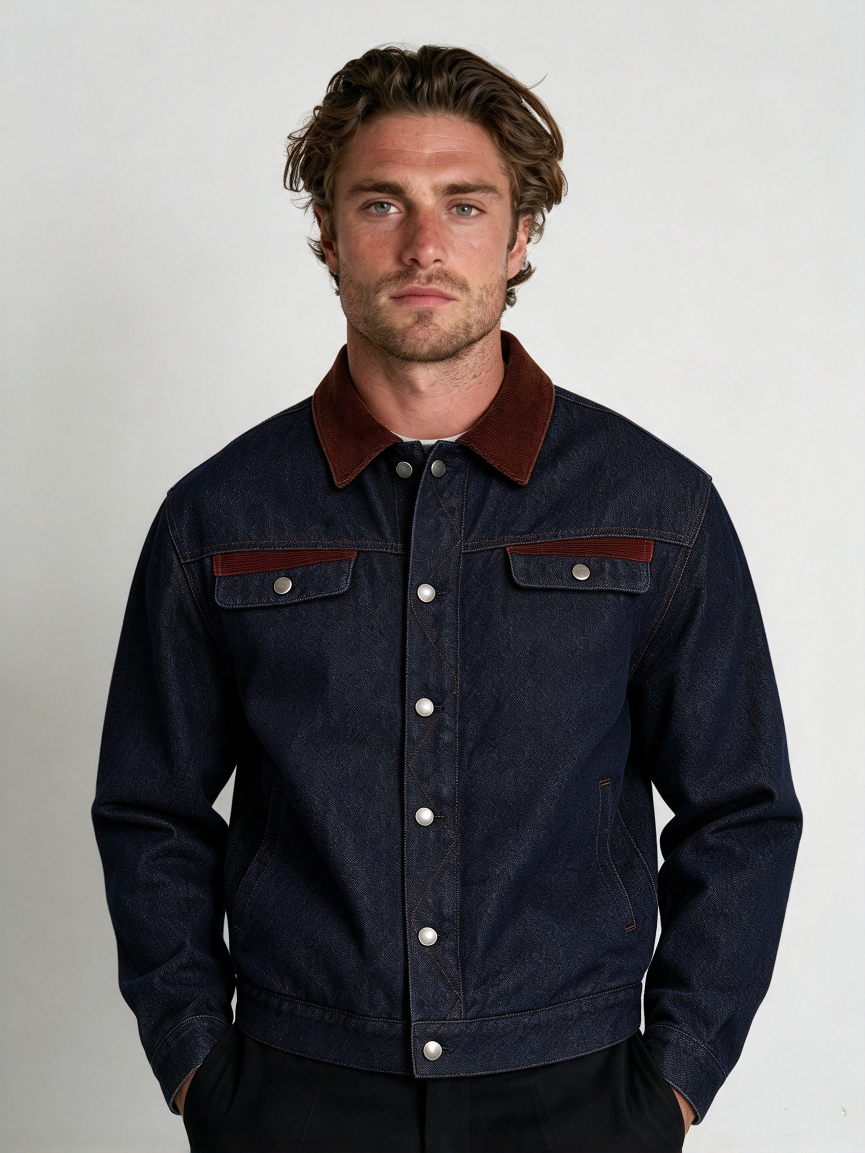 Corduroy and Denim Color-Block Padded Jacket in Dark Red