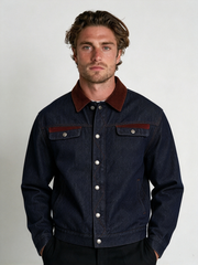 Corduroy and Denim Color-Block Padded Jacket in Dark Red