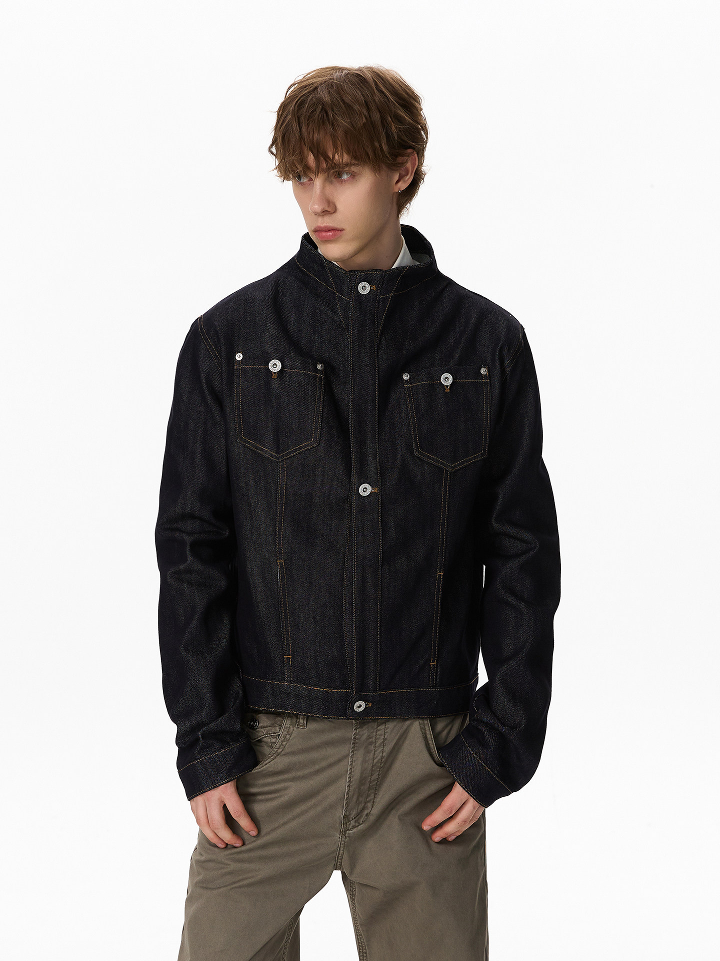 Stand-Collar Deconstructed-Style Denim Jacket