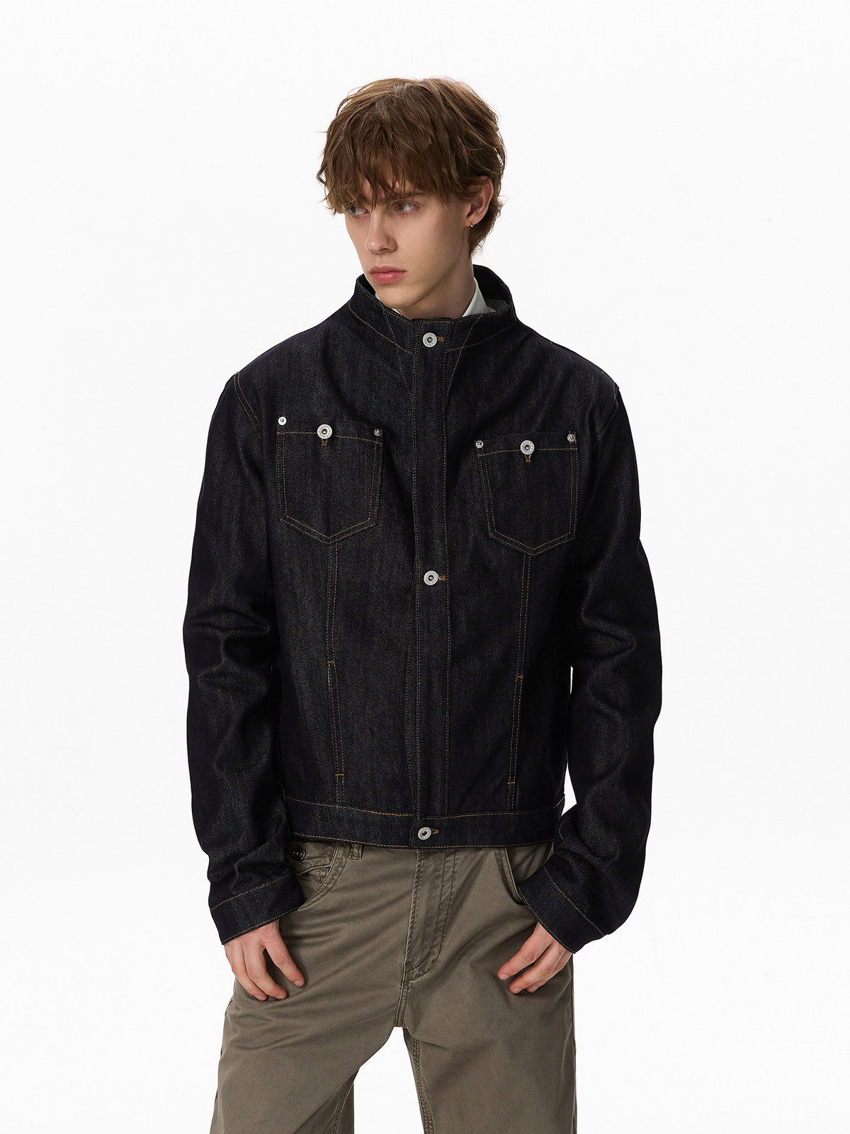 Stand-Collar Deconstructed-Style Denim Jacket