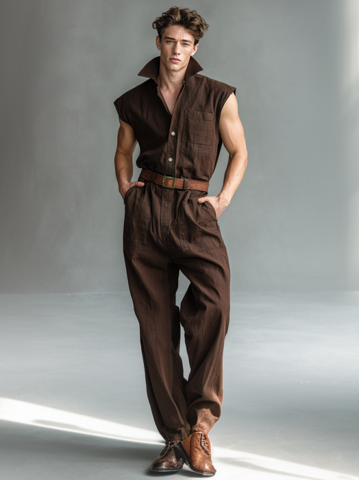 Brown Stylish Sleeveless Stand-Collar Cargo Jumpsuit