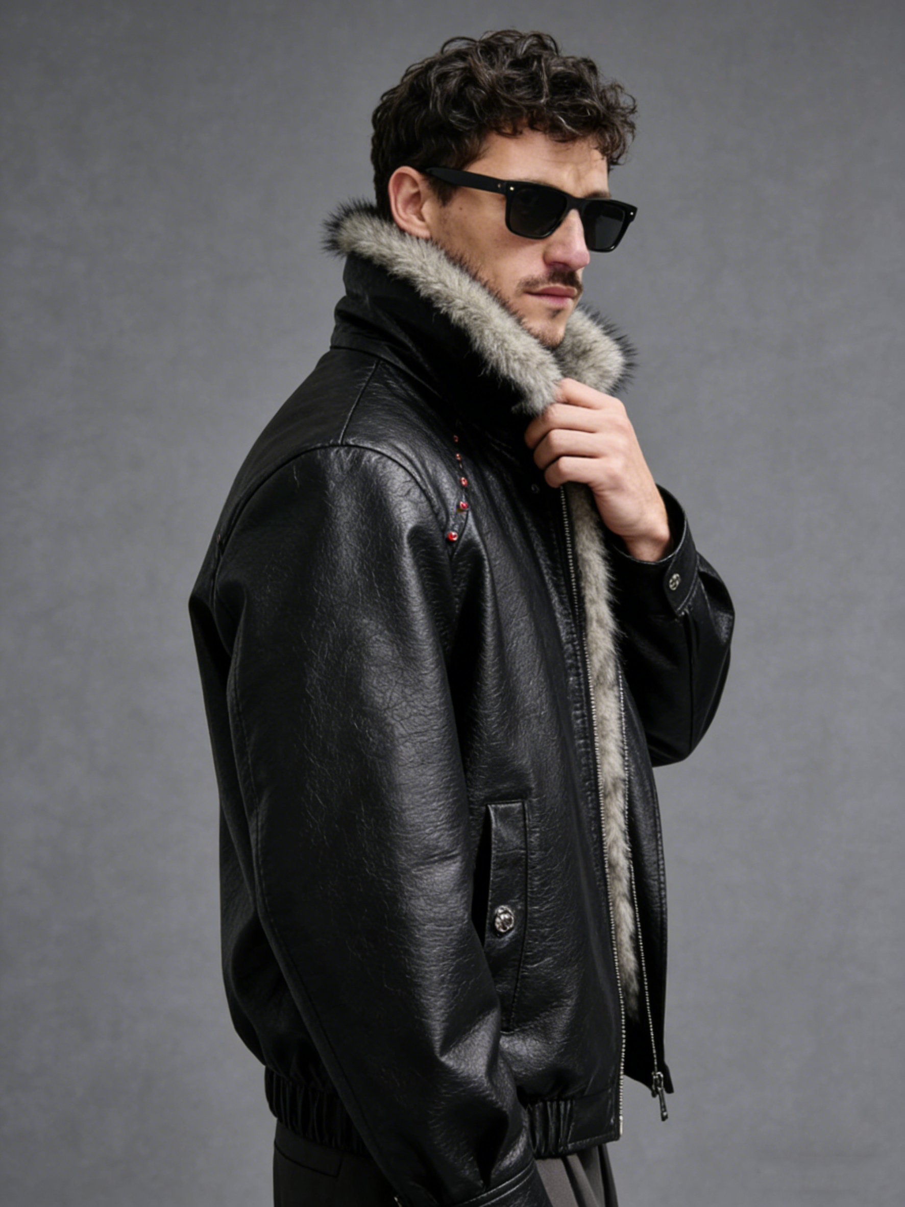 Cappotto imbottito in pelle con cappuccio e paillettes
