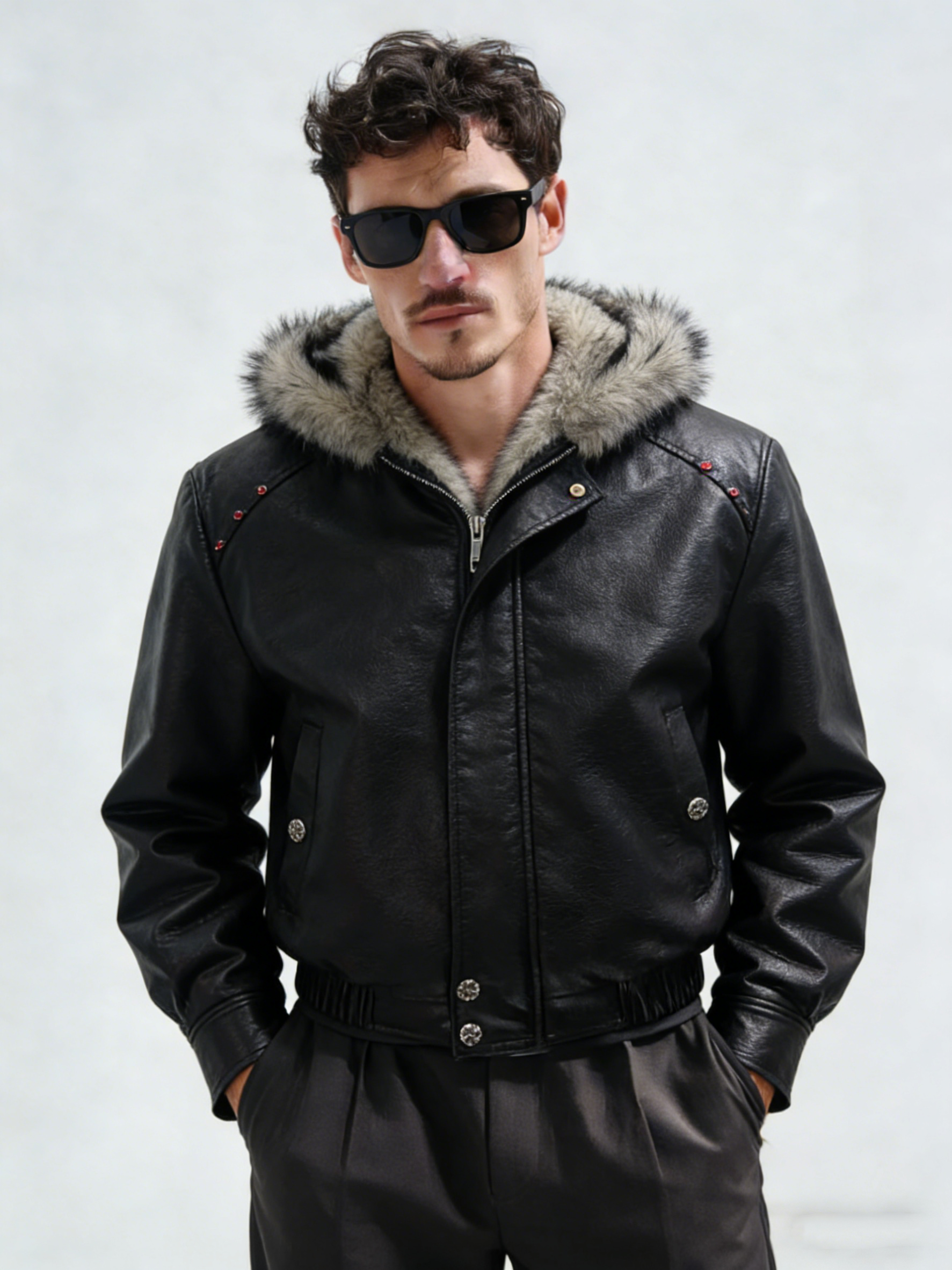 Cappotto imbottito in pelle con cappuccio e paillettes