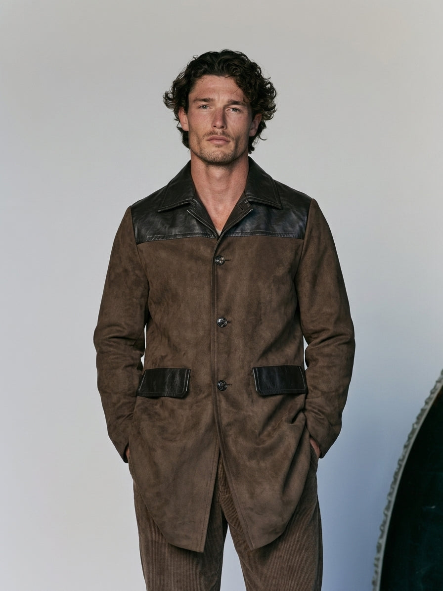 Men's long coat with leather paneling