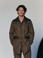 Men's long coat with leather paneling