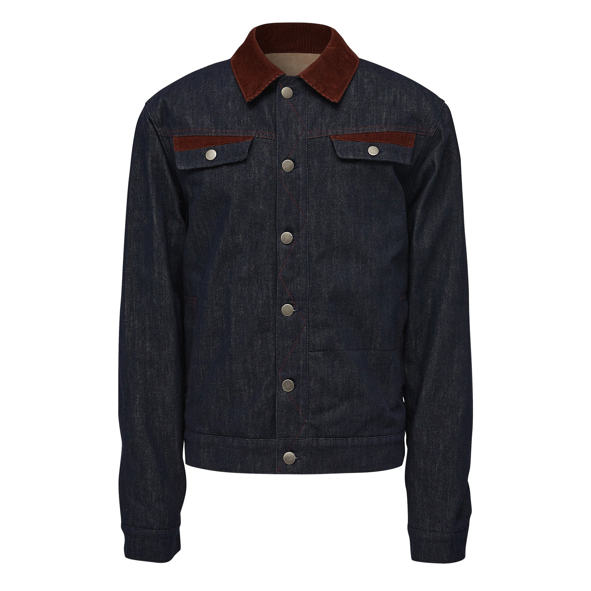 Corduroy and Denim Color-Block Padded Jacket in Dark Red