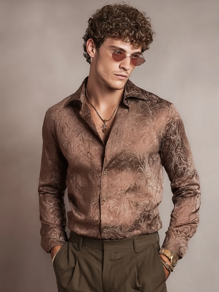 Chemise décontractée en soie à motif végétal pour homme