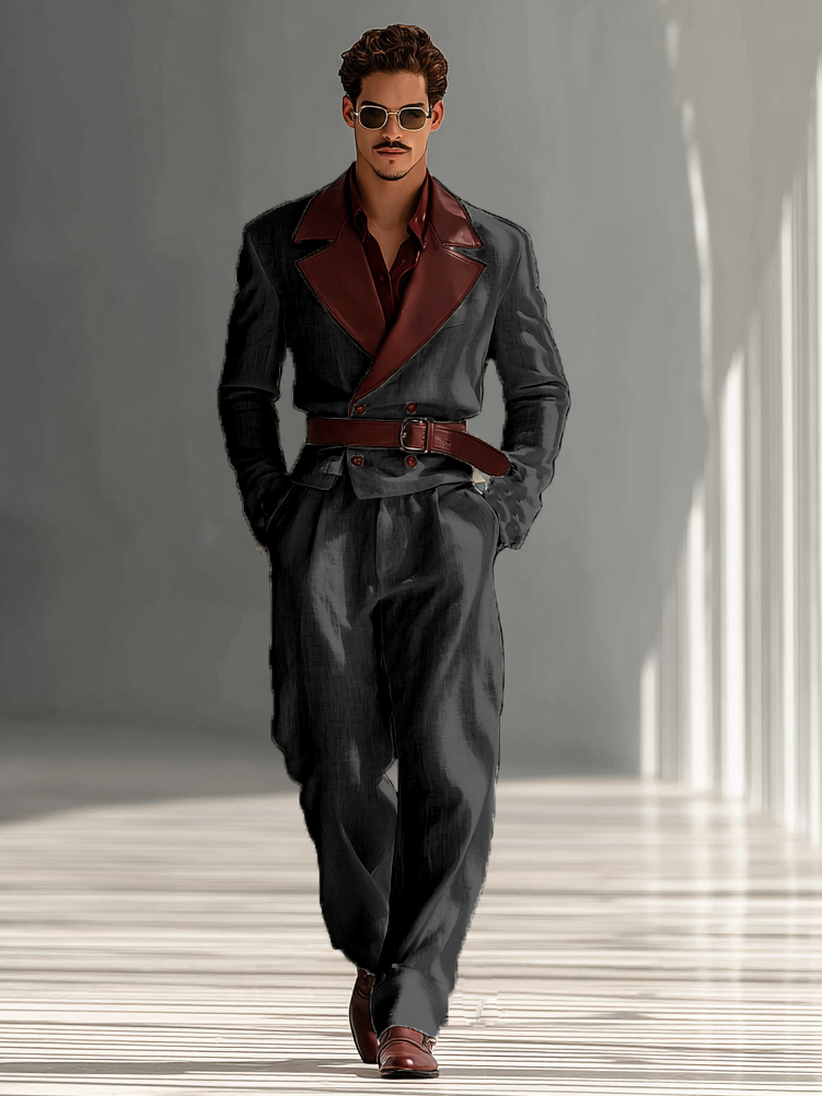 Completo da uomo alla moda in pelle con patchwork e blocchi di colore