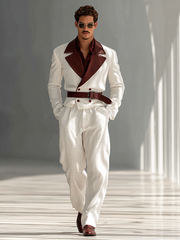 Completo da uomo alla moda in pelle con patchwork e blocchi di colore