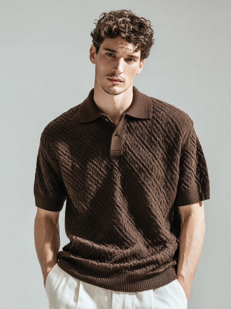 Polo da uomo casual in maglia testurizzata con risvolto