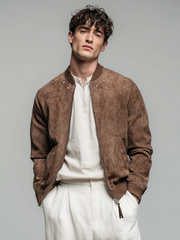 Giacca casual in pelle scamosciata con cerniera da uomo