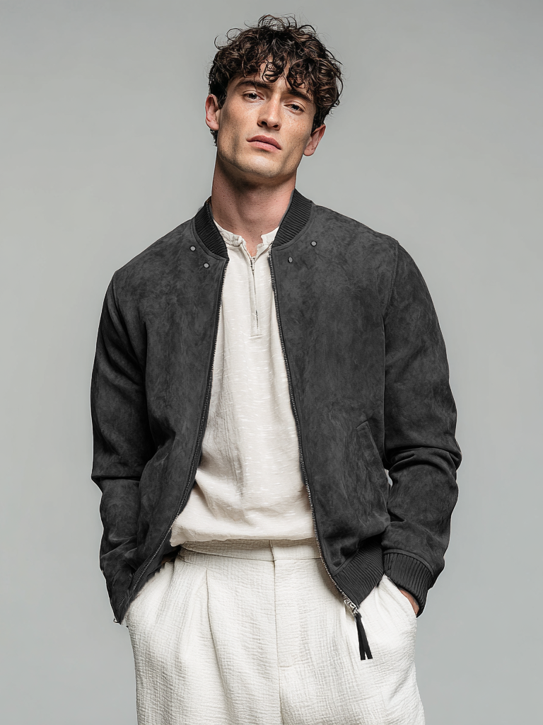 Giacca casual in pelle scamosciata con cerniera da uomo
