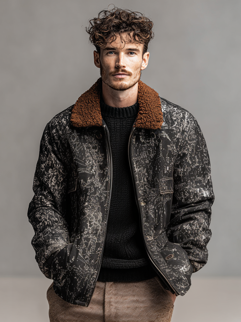Giacca stampata con colletto in lana alla moda da uomo