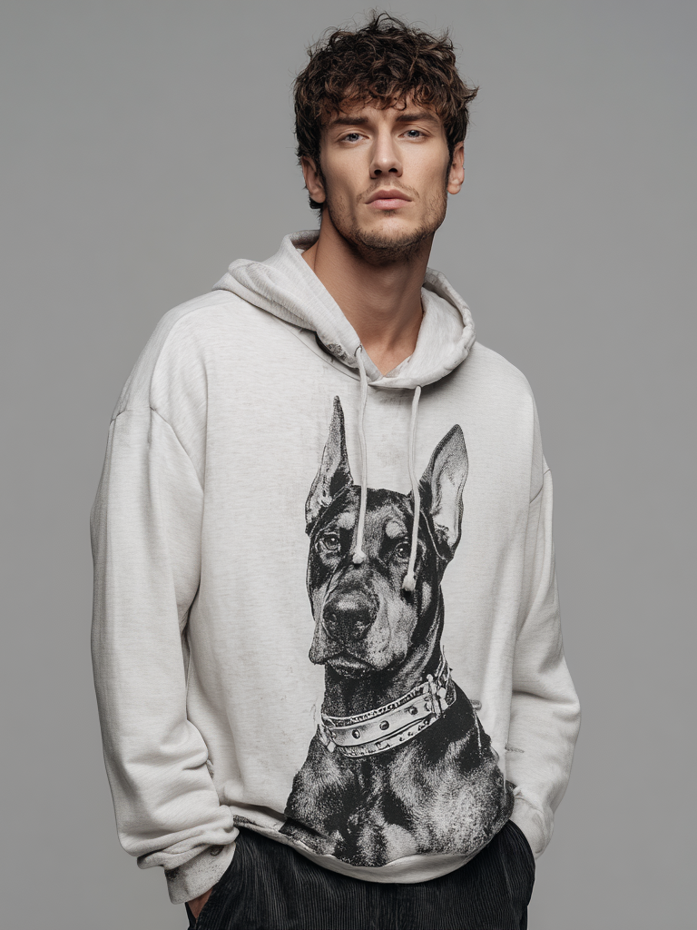Men's casual Doberman print hooded sweatshirt