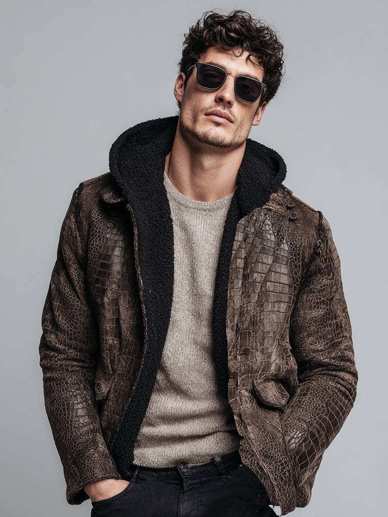 Men's leather-textured hooded plush jacket