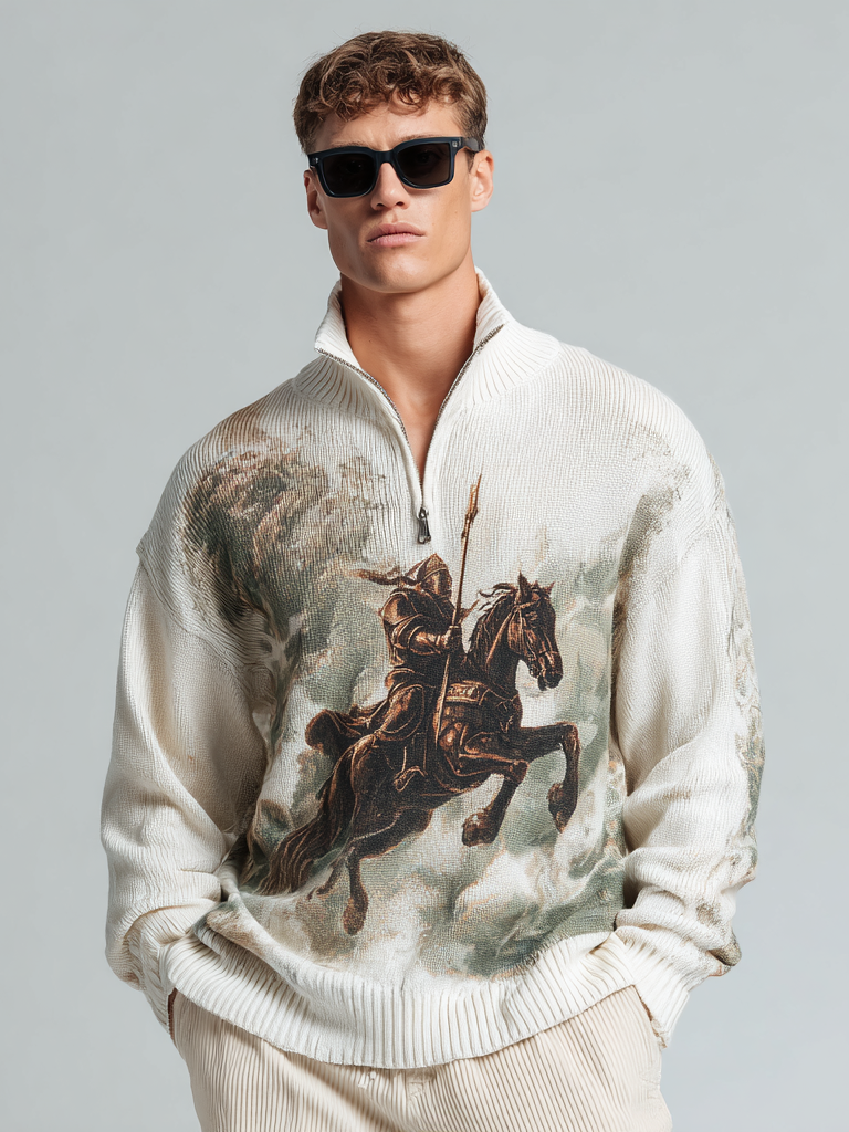 Men's zipped stand-up collar knitted knight print top