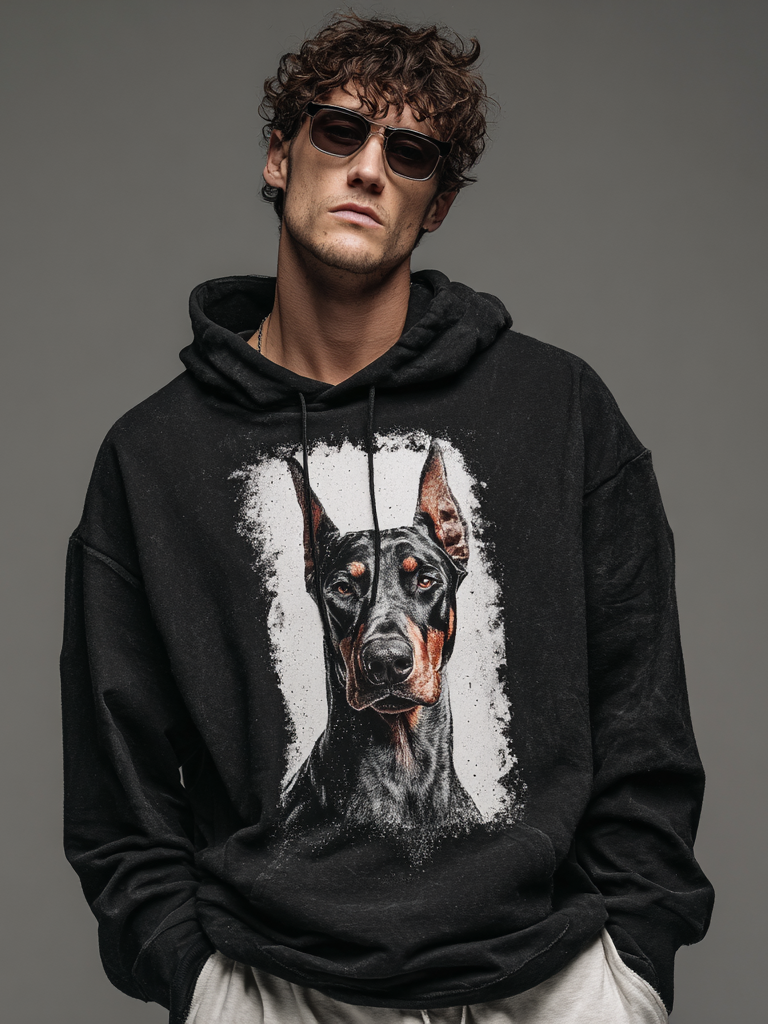Felpa con cappuccio casual da uomo con stampa Doberman
