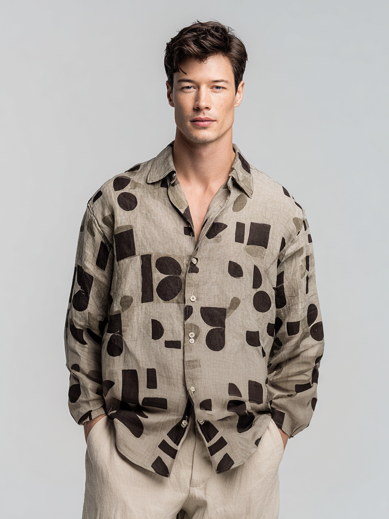 Maglia a maniche lunghe da uomo in cotone e lino con stampa geometrica