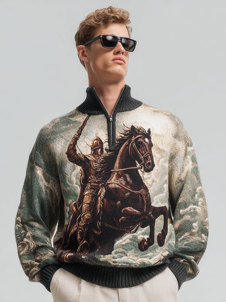 Men's zipped stand-up collar knitted knight print top