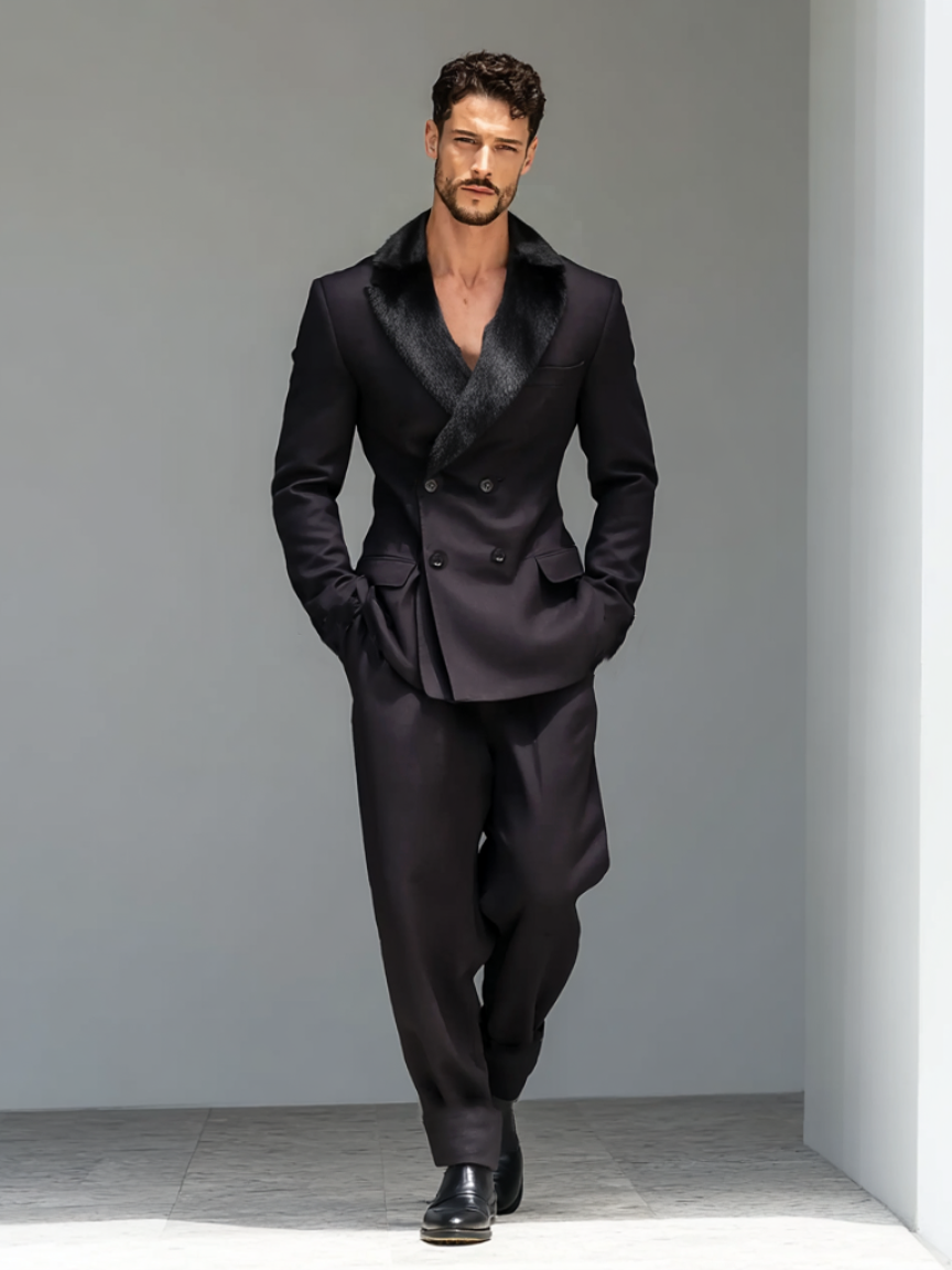 Men's fashionable plush collar suit set